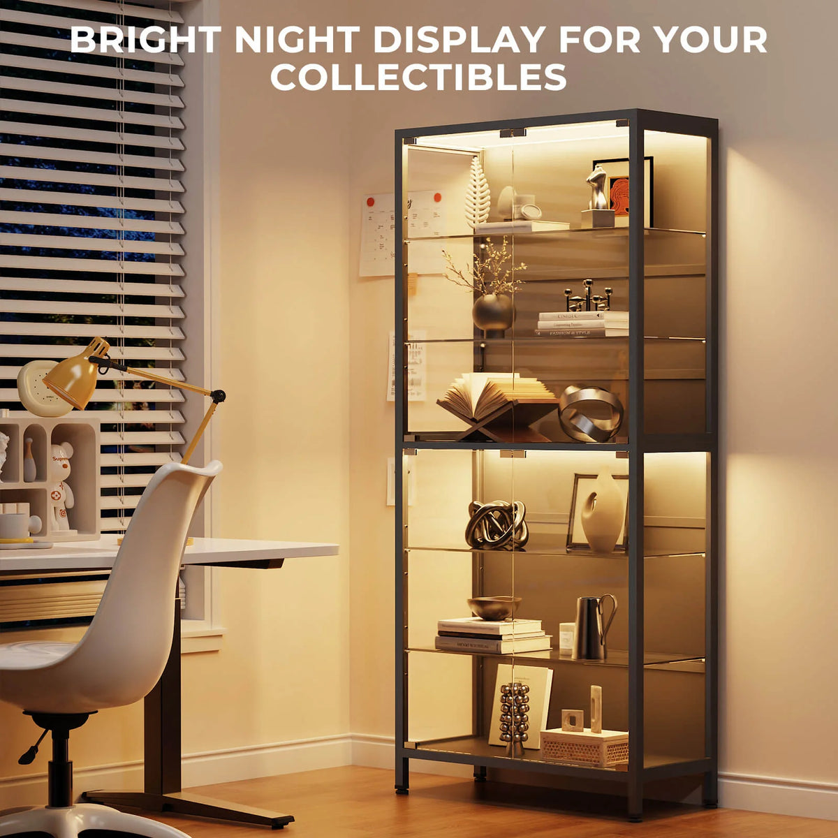 BROTTAR 71" 6-Tier Glass Display Cabinet with Adjustable Shelves & LED Lights