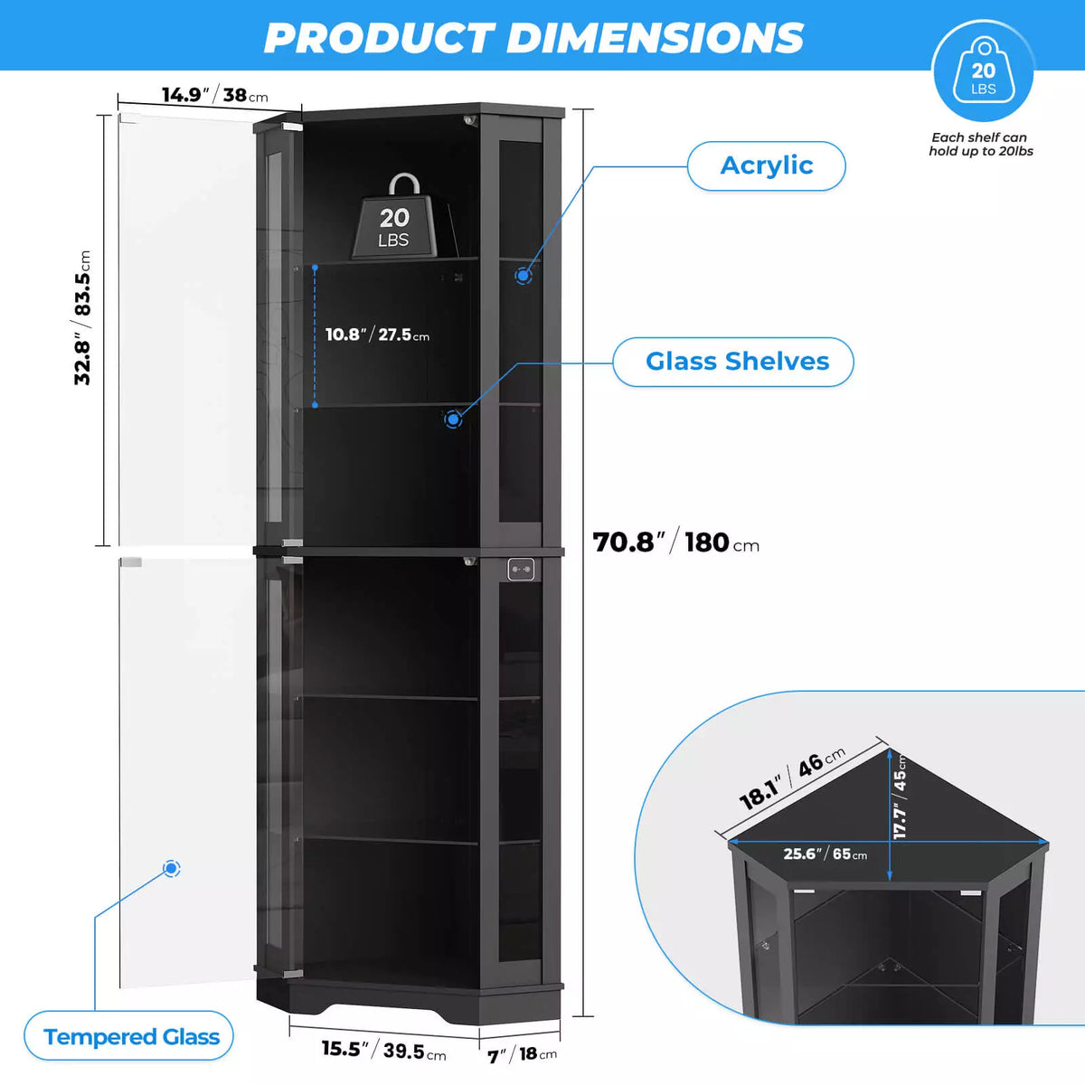 BROTTAR 71" Tall Corner Display Cabinet with LED Lights