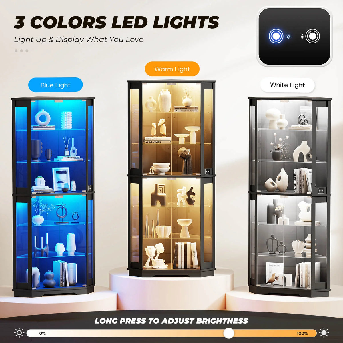 BROTTAR 71" Wide 6-Tier Corner Glass Display Cabinet with LED Lights