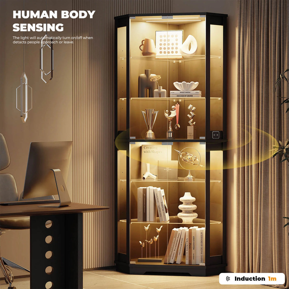 BROTTAR 71" Wide 6-Tier Corner Glass Display Cabinet with LED Lights
