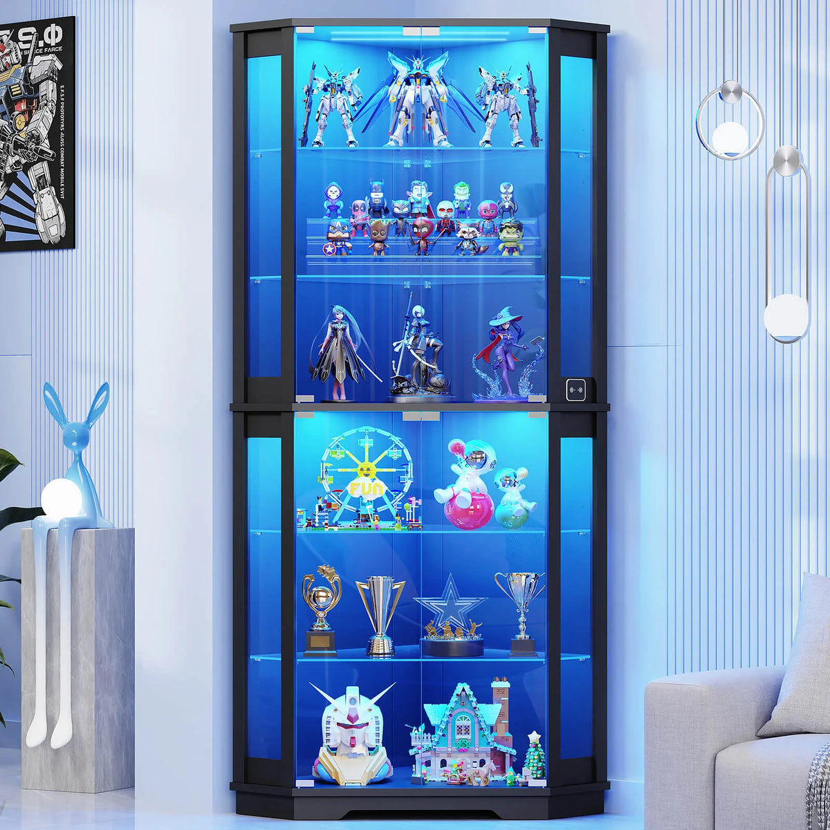 BROTTAR 71" Wide 6-Tier Corner Glass Display Cabinet with LED Lights