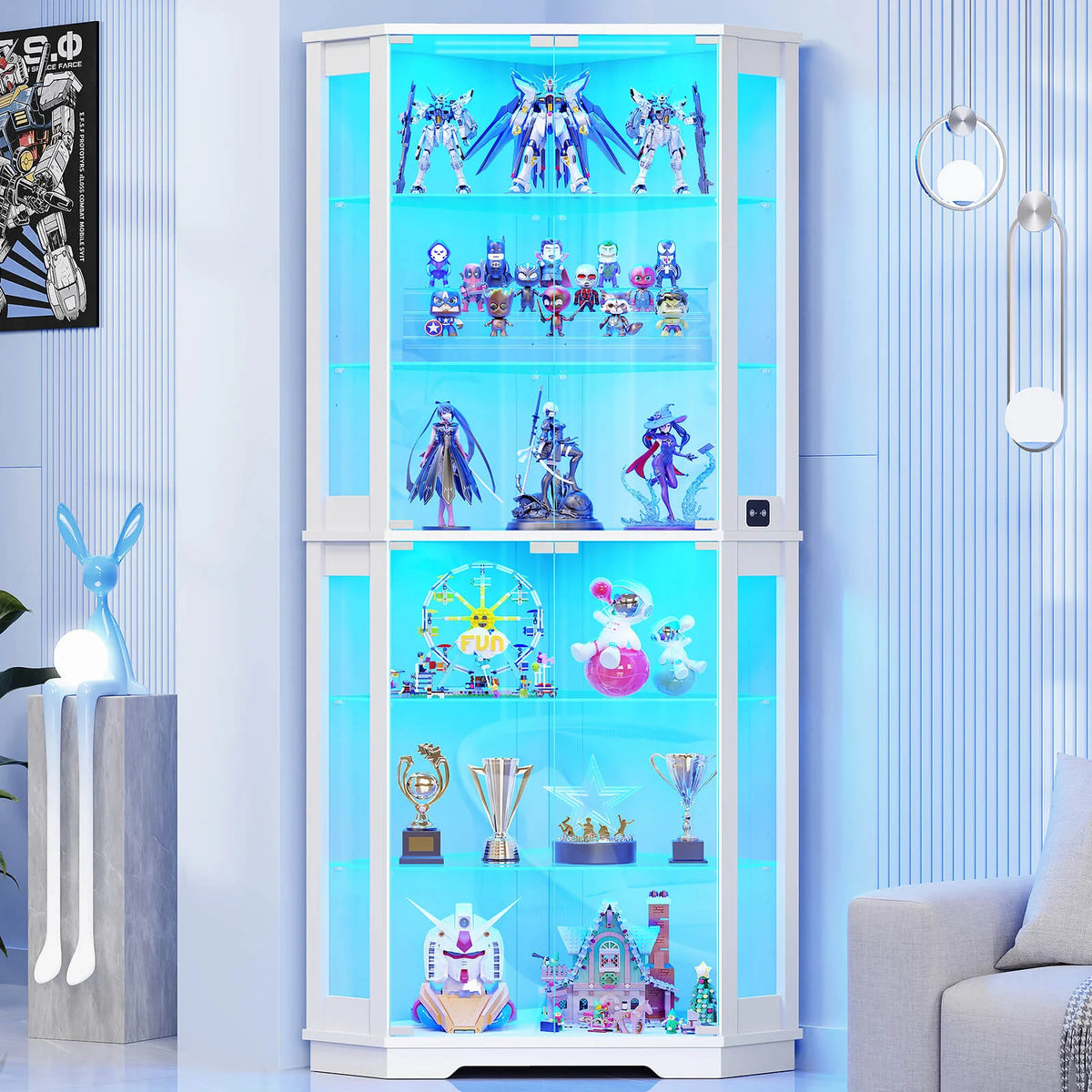 BROTTAR 71" Wide 6-Tier Corner Glass Display Cabinet with LED Lights