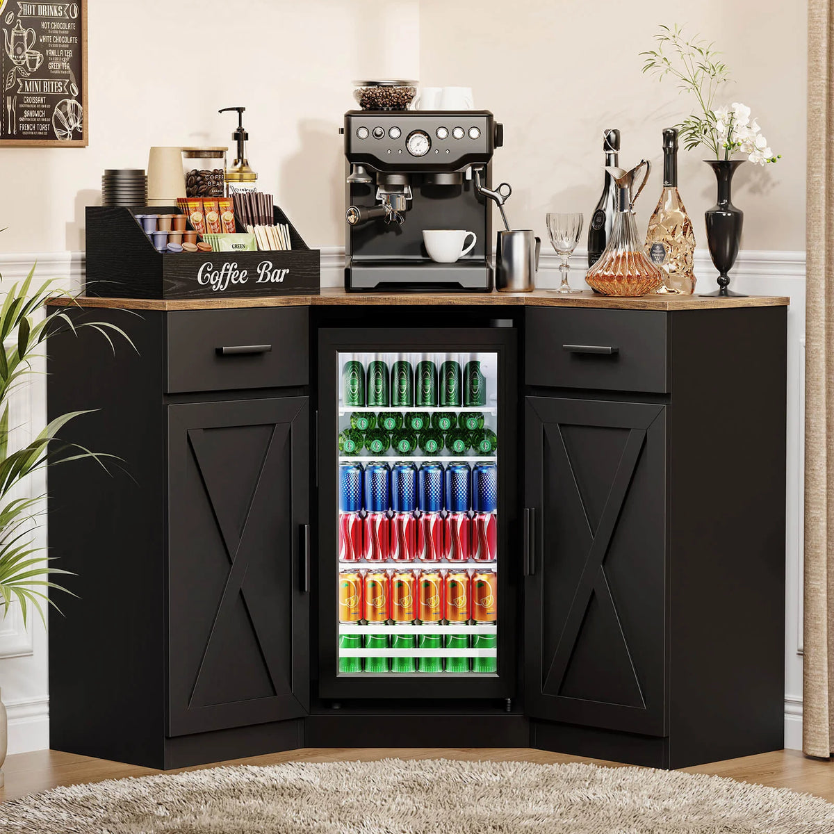 BROTTAR L-Shaped Corner Coffee Bar Cabinet with Beverage Fridge