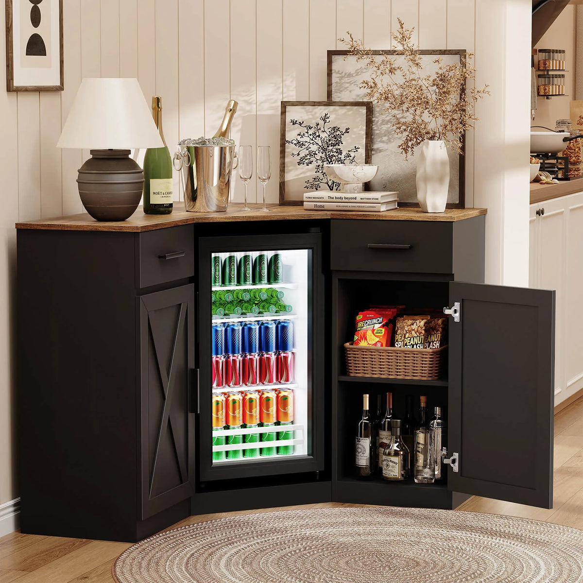 BROTTAR L-Shaped Corner Coffee Bar Cabinet with Beverage Fridge