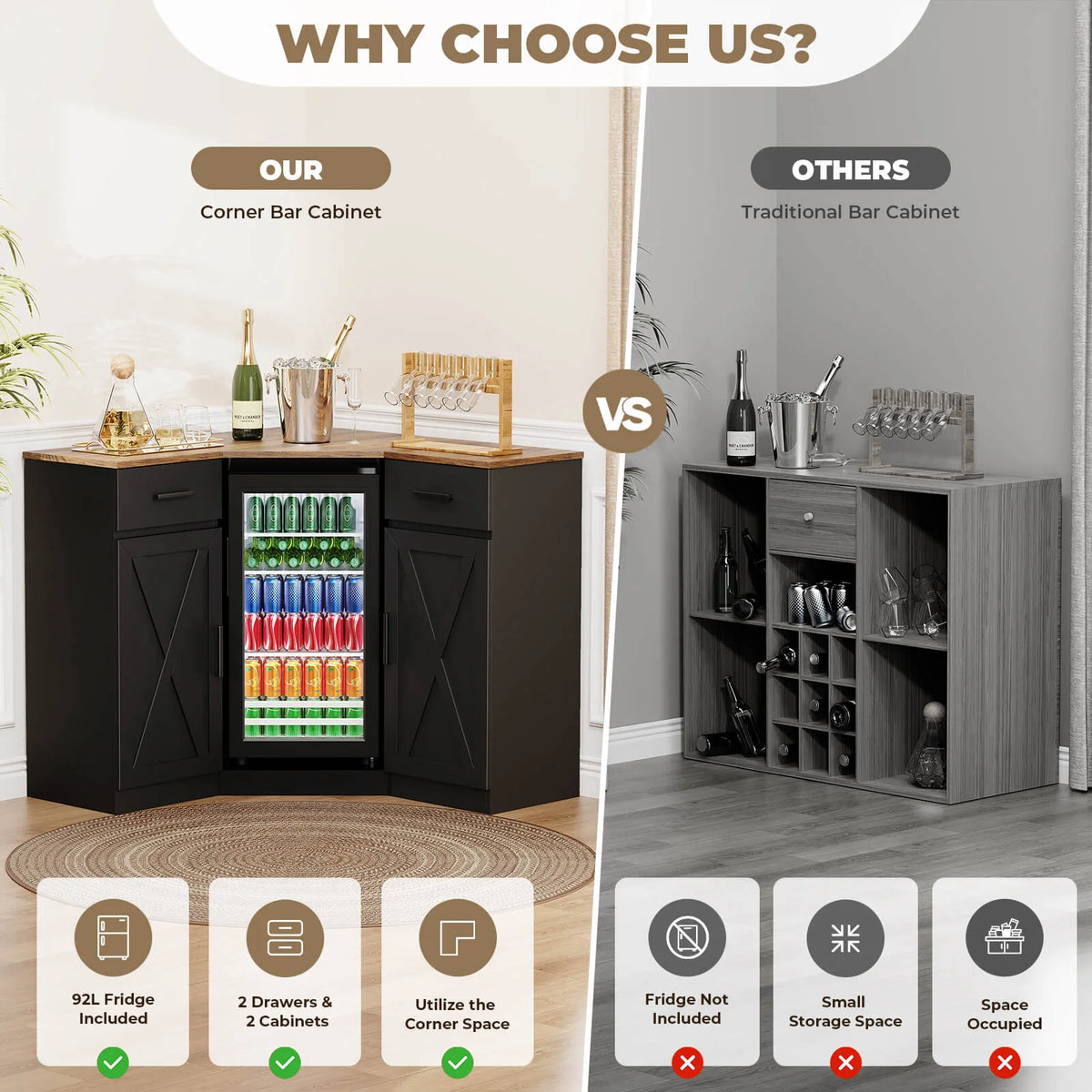 BROTTAR L-Shaped Corner Coffee Bar Cabinet with Beverage Fridge