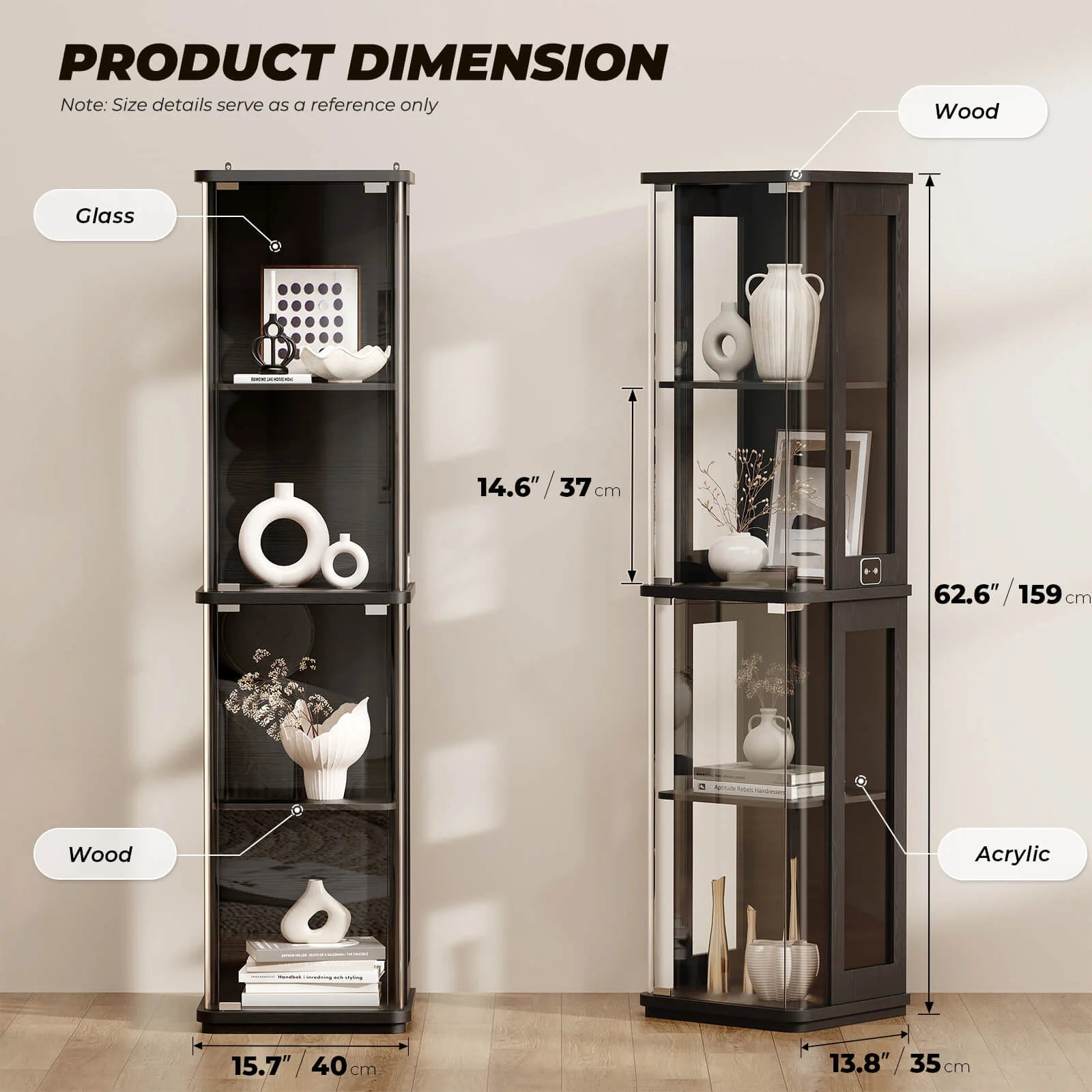 BROTTAR Narrow 4-Tier Rounded Glass Display Cabinet - Black