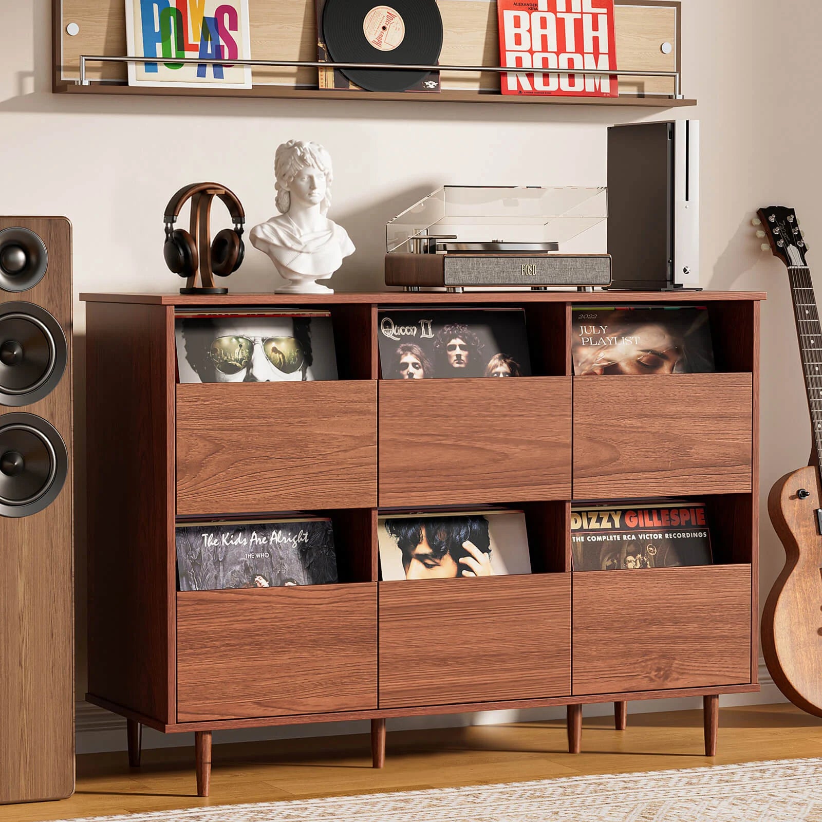 BROTTAR Record Player Stand with 6-Drawer Vinyl Storage - Walnut