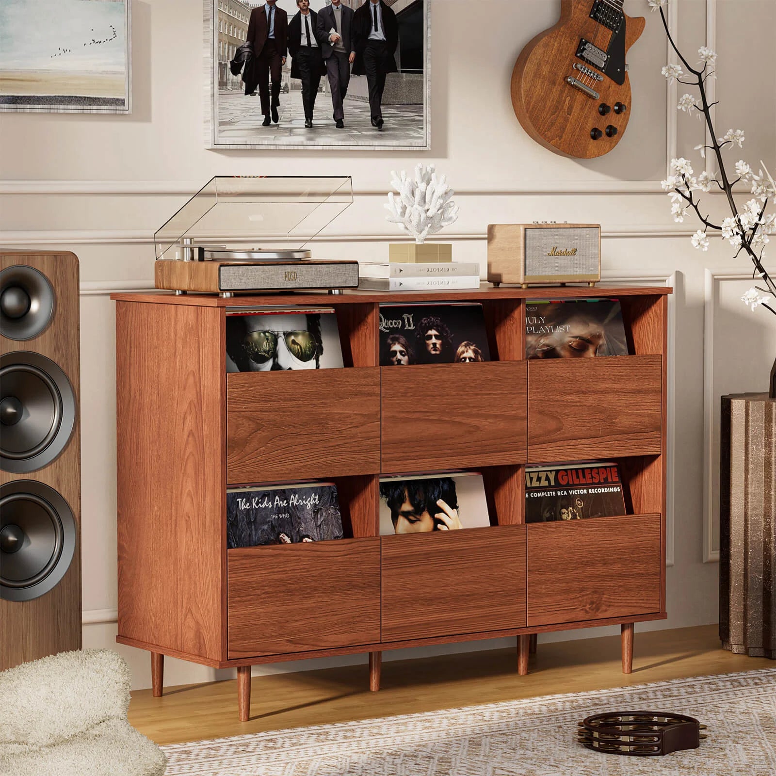 BROTTAR Record Player Stand with 6-Drawer Vinyl Storage - Walnut