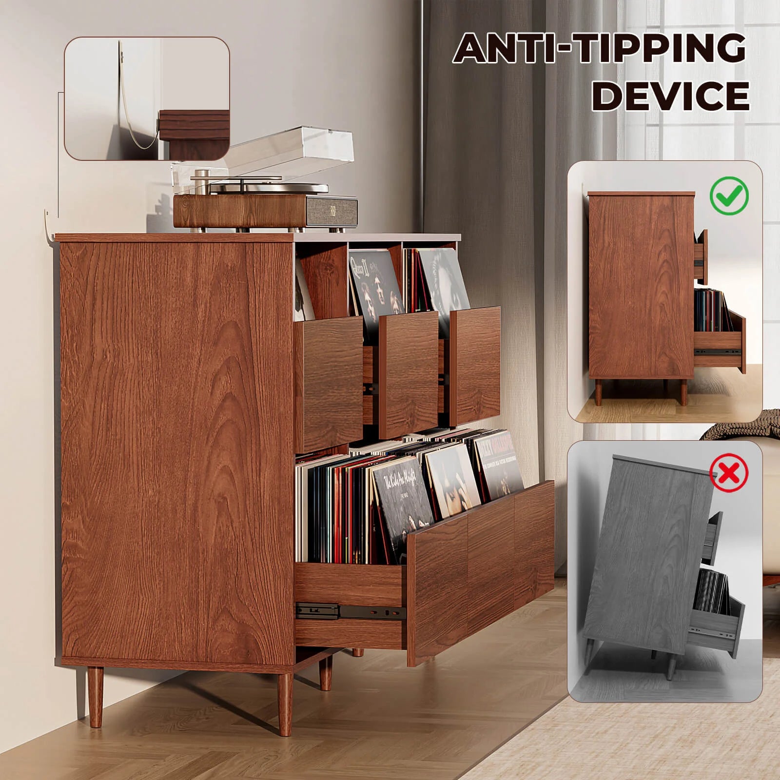 BROTTAR Record Player Stand with 6-Drawer Vinyl Storage - Walnut