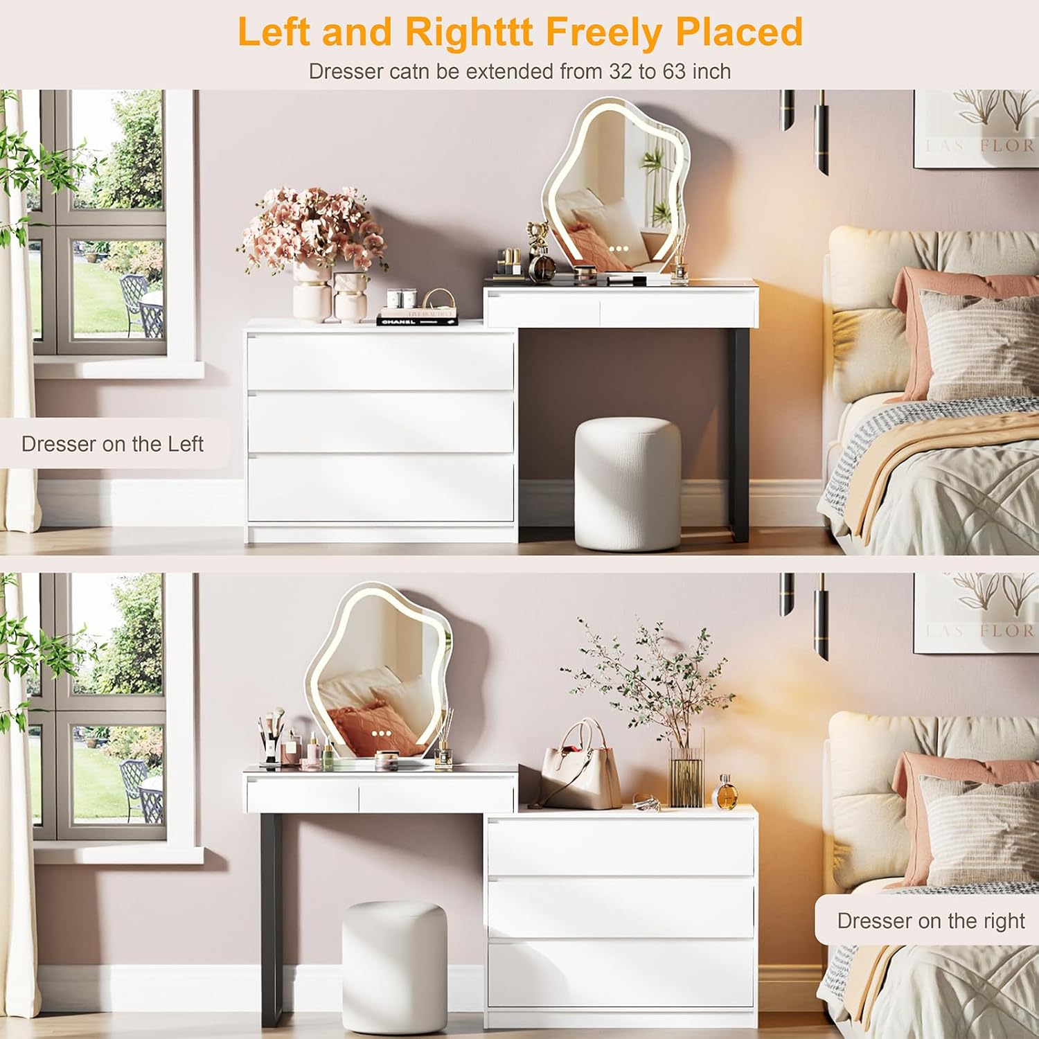 Corner Makeup Vanity Desk with Mirror and Lights