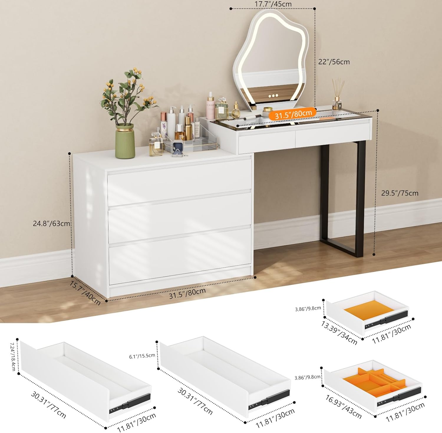 Corner Makeup Vanity Desk with Mirror and Lights