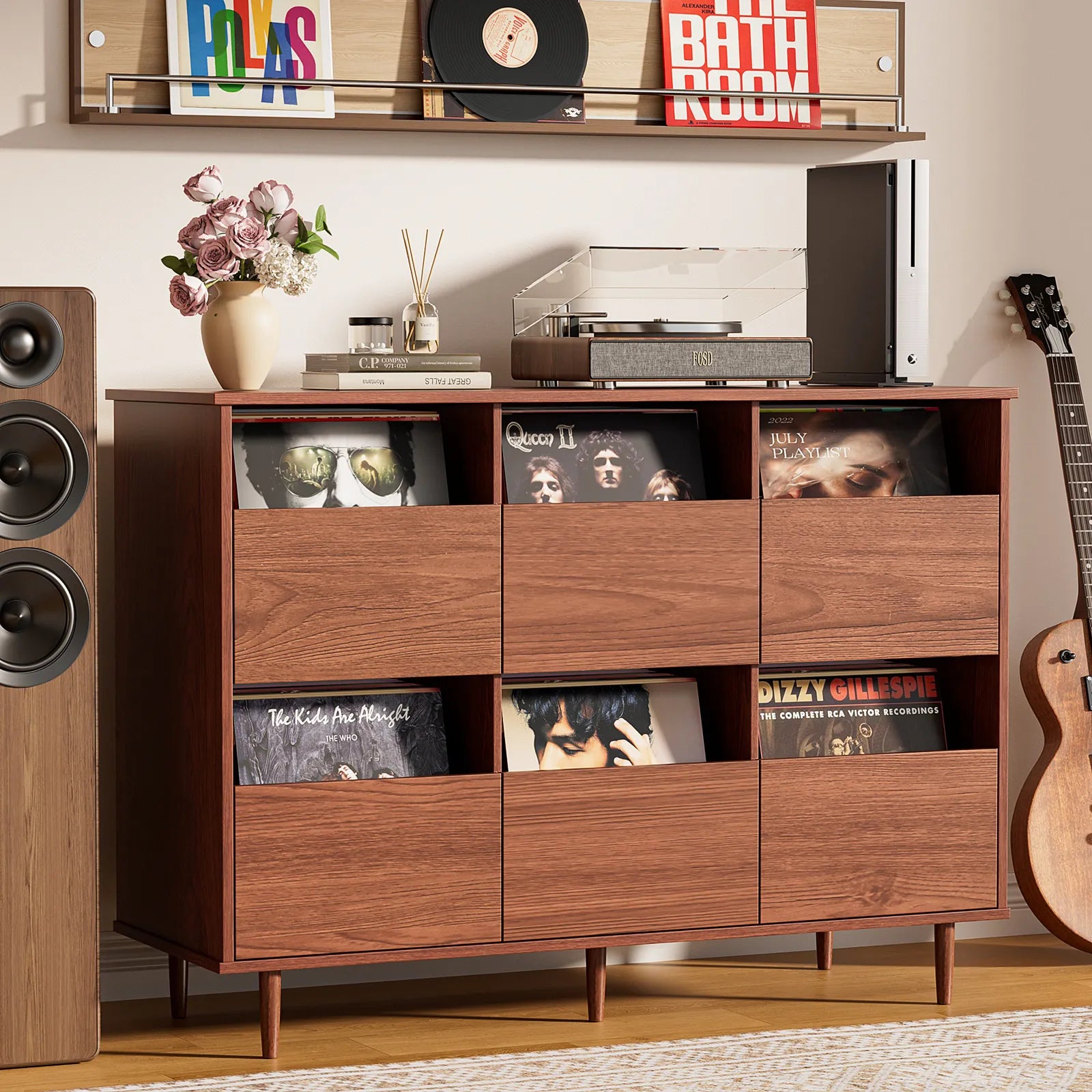 BROTTAR 2-Tier Record Player Stand with Vinyl Storage, Holds Up to 550 Albums, Walnut