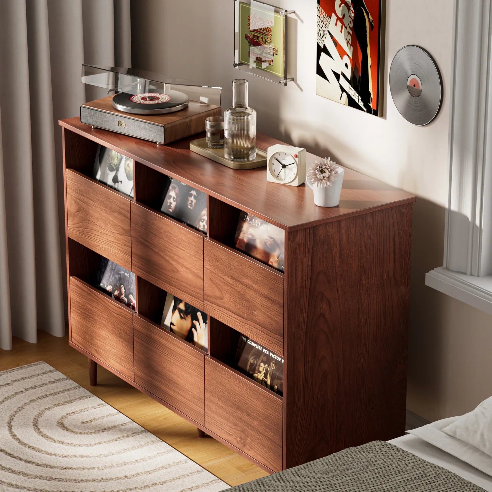 BROTTAR 2-Tier Record Player Stand with Vinyl Storage, Holds Up to 550 Albums, Walnut