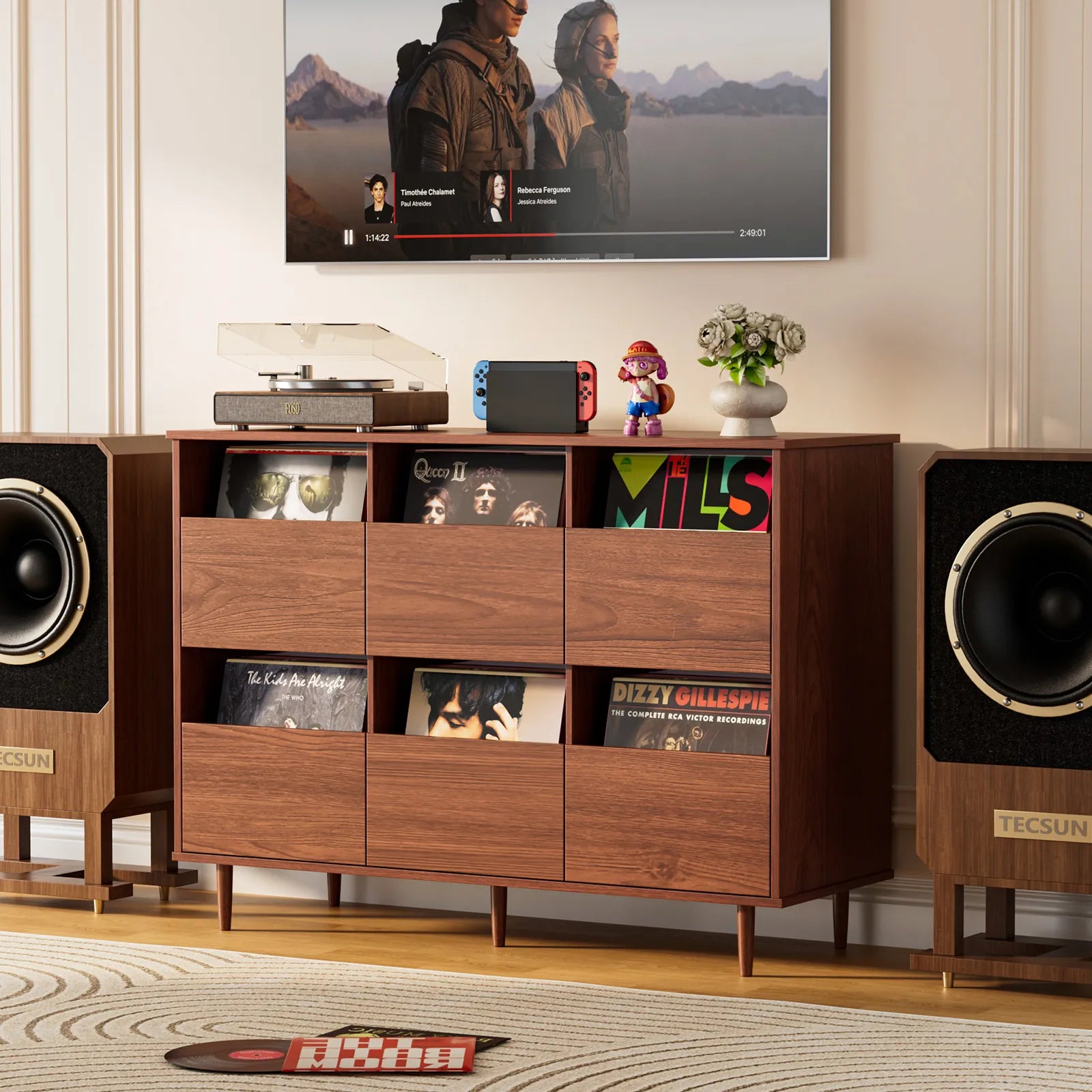 BROTTAR 2-Tier Record Player Stand with Vinyl Storage, Holds Up to 550 Albums, Walnut
