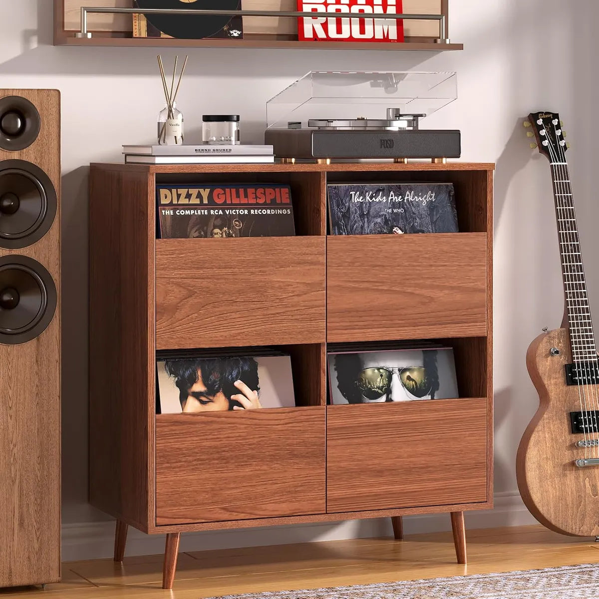 BROTTAR Record Player Stand with 4-Drawer Vinyl Storage - Walnut