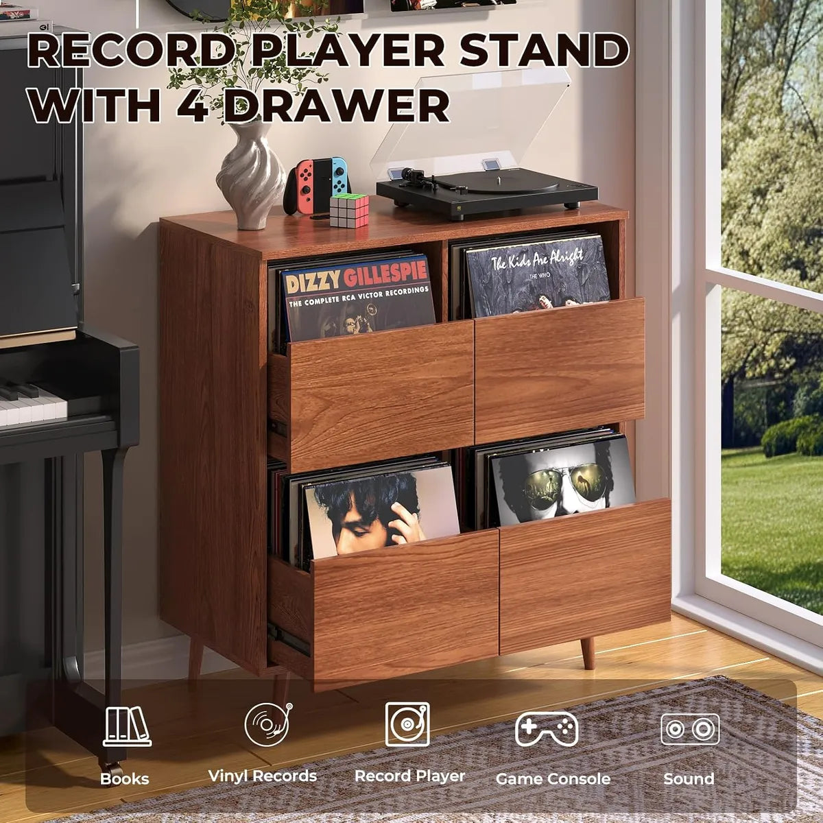 BROTTAR Record Player Stand with 4-Drawer Vinyl Storage - Walnut