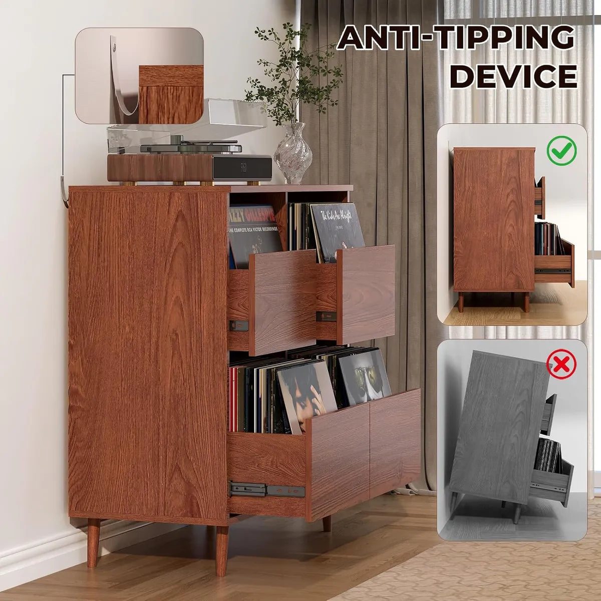 BROTTAR Record Player Stand with 4-Drawer Vinyl Storage - Walnut