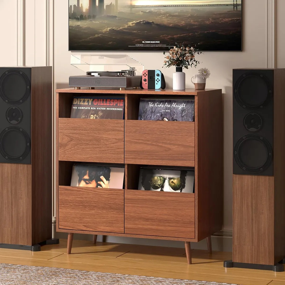 BROTTAR Record Player Stand with 4-Drawer Vinyl Storage - Walnut