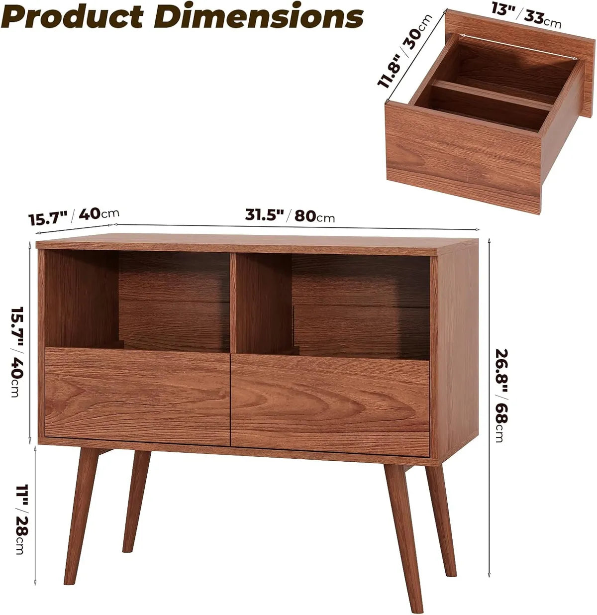 BROTTAR Record Player Stand with 2-Drawer Vinyl Storage - Walnut