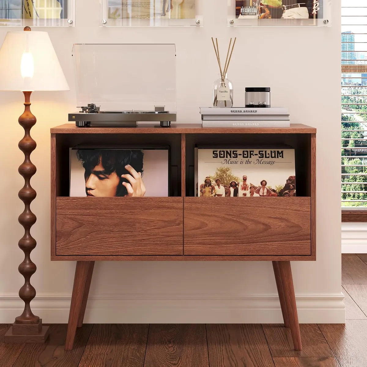 BROTTAR Record Player Stand with 2-Drawer Vinyl Storage - Walnut