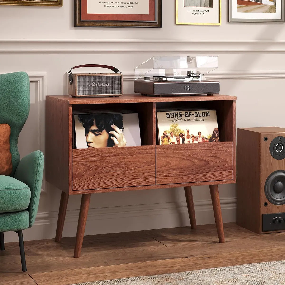 BROTTAR Record Player Stand with 2-Drawer Vinyl Storage - Walnut