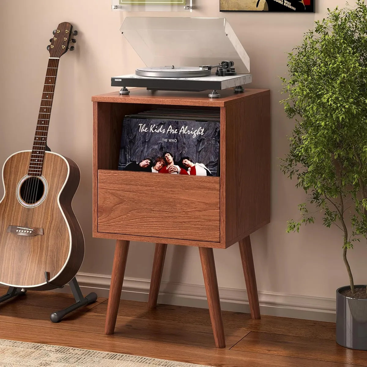 BROTTAR Compact Record Player Stand with Vinyl Storage Drawer - Walnut
