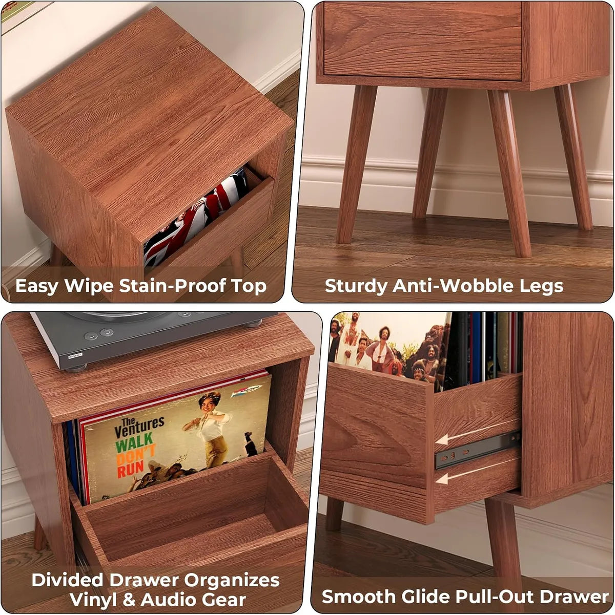 BROTTAR Compact Record Player Stand with Vinyl Storage Drawer - Walnut