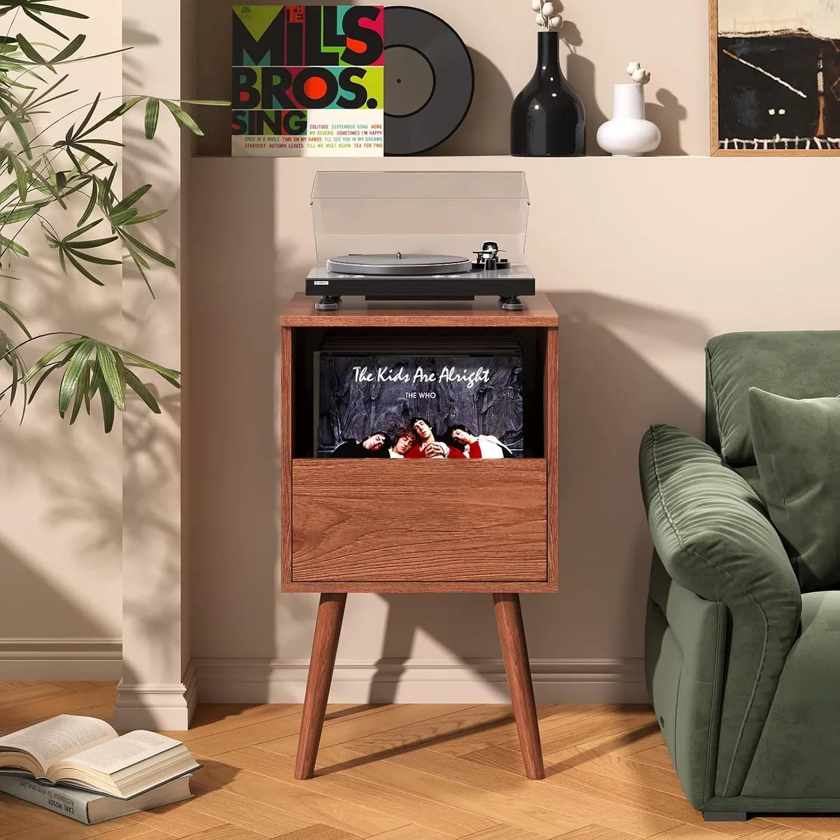 BROTTAR Compact Record Player Stand with Vinyl Storage Drawer - Walnut