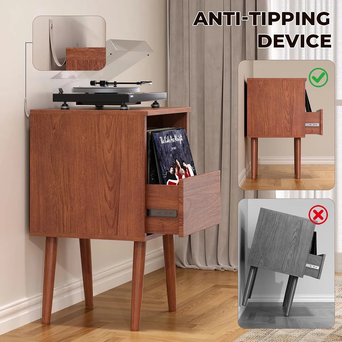 BROTTAR Compact Record Player Stand with Vinyl Storage Drawer - Walnut