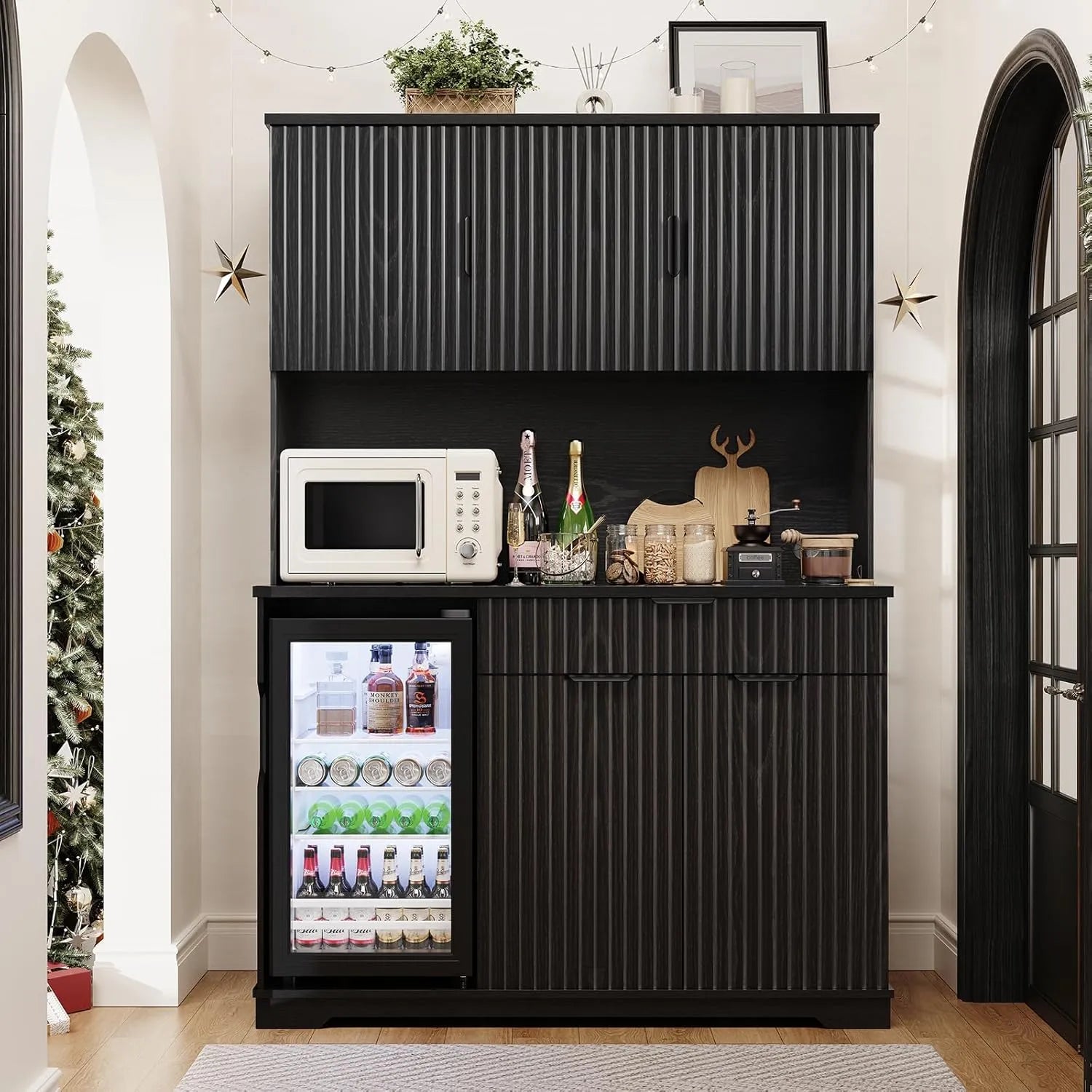 BROTTAR 69” Tall Fluted Kitchen Pantry with Fridge, Coffee Bar Cabinet