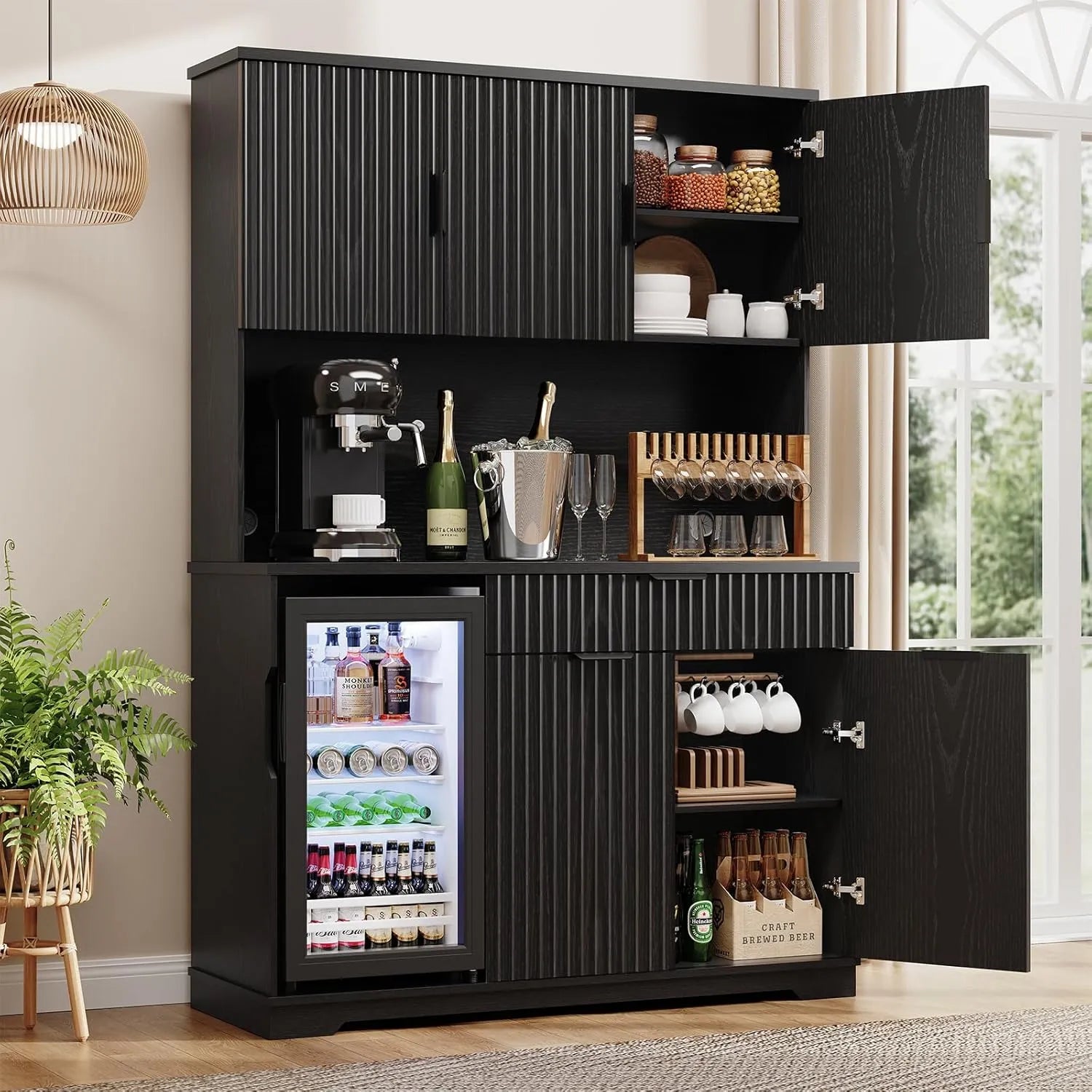 BROTTAR 69” Tall Fluted Kitchen Pantry with Fridge, Coffee Bar Cabinet