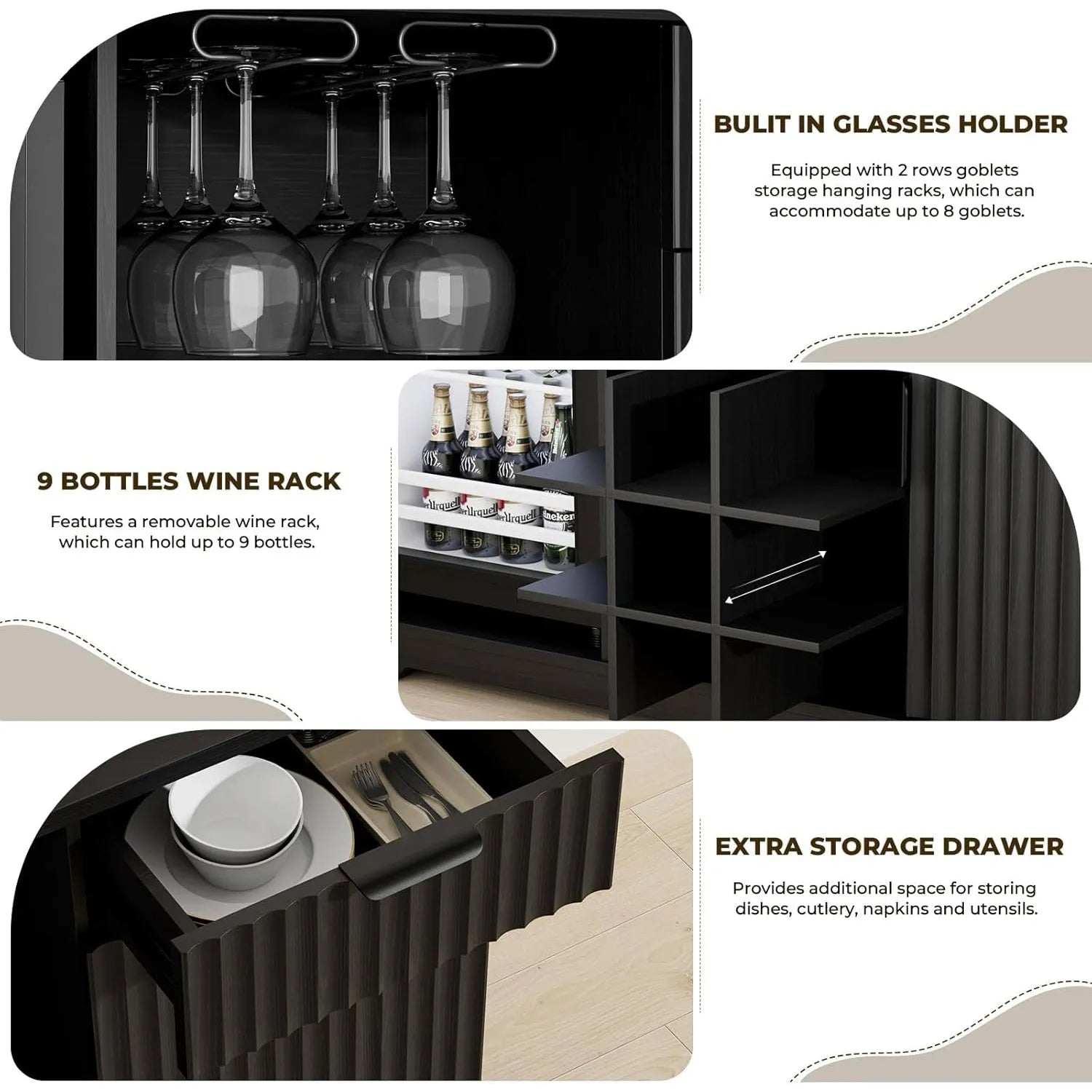 Brottar 47’’ Wide Fluted Wine Bar Cabinet with Fridge, Glass Holder & Drawer - Black