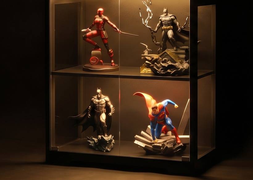 A collection on lit display shelves